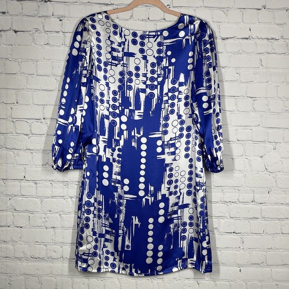 Dress Limited Collection 100% Silk Size 4 Mini Round Neck Geo Blue Flowy Soft - Picture 9 of 11